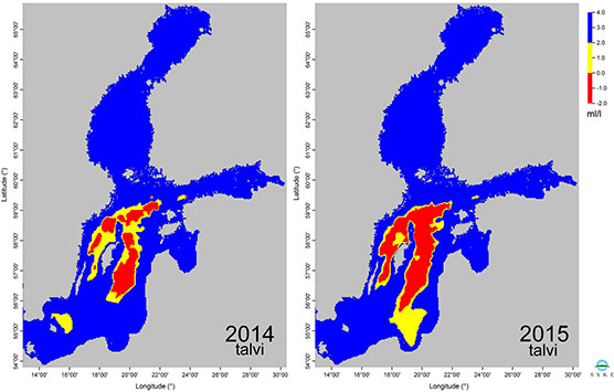 Syvän veden happipitoisuus talvina 2014 ja 2015